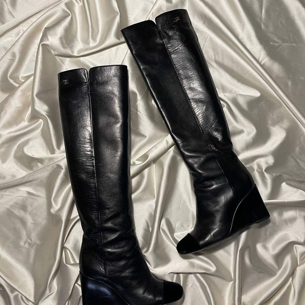 CHANEL Black Over the Knee Leather Boots